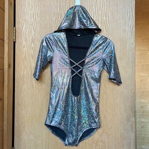 Hologram Silver Rridescent Body Suit with Hood size Medium Burning Man Festival